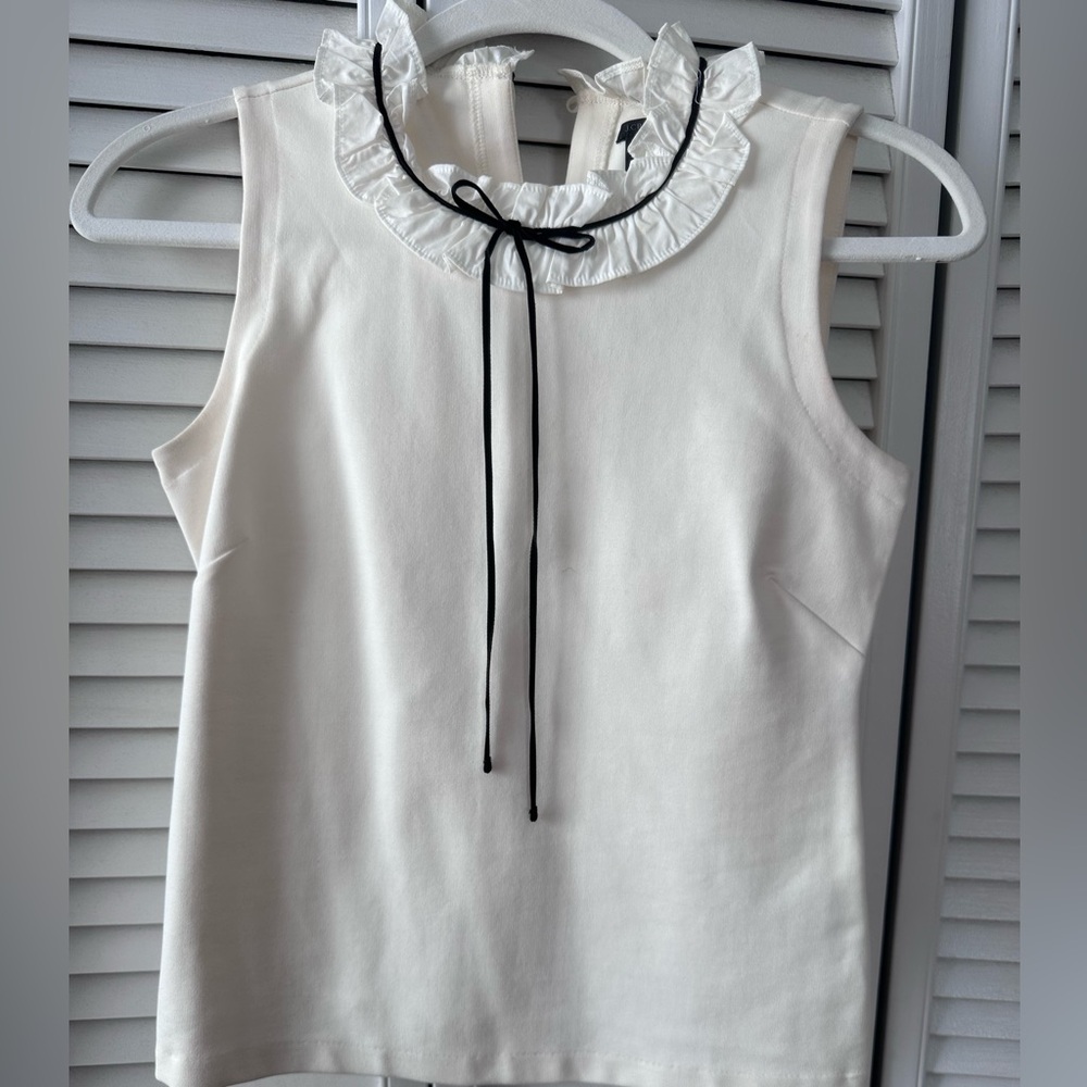 Sleeveless Ruffle Collar Top with Contrast Tie - White